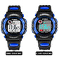 Blue kids digital sports waterproof watch with two front display views