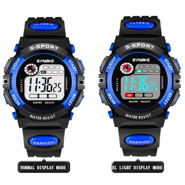 Blue kids digital sports waterproof watch with two front display views