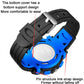 Kids digital watch strap and buckle close-up in black and blue