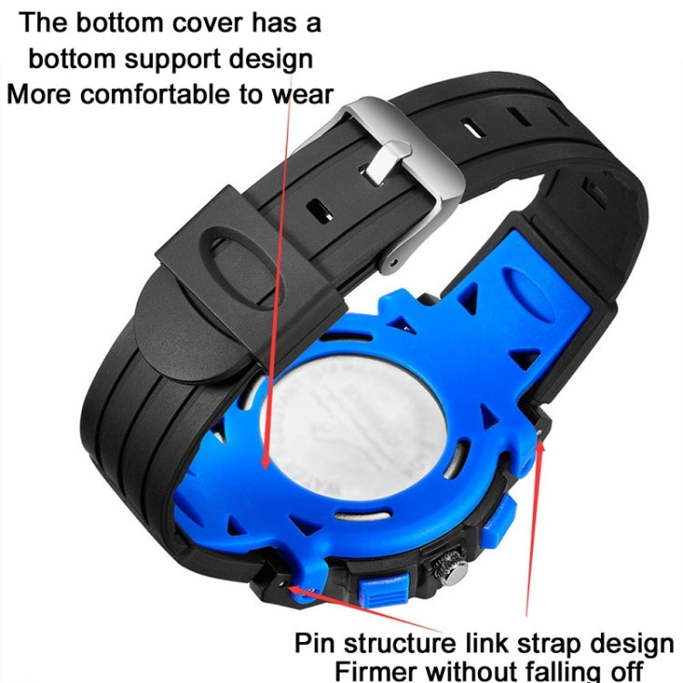 Kids digital watch strap and buckle close-up in black and blue