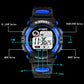 Blue kids digital sports waterproof watch with button labels and digital time display