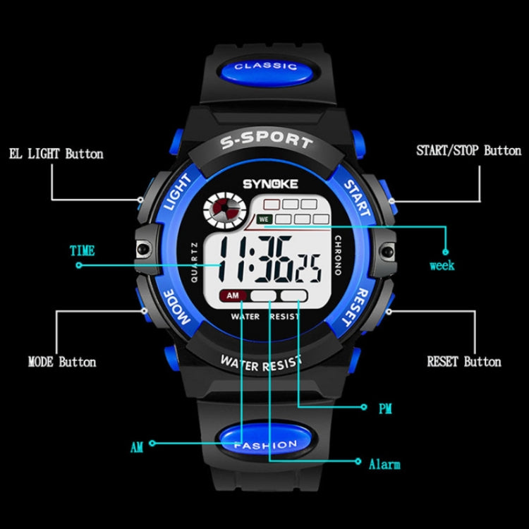 Blue kids digital sports waterproof watch with button labels and digital time display