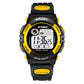 Children's waterproof digital sport watch, black with yellow bezel and strap accents