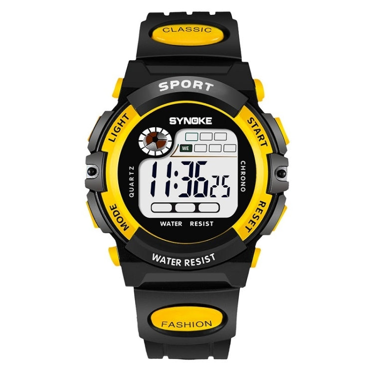 Children's waterproof digital sport watch, black with yellow bezel and strap accents