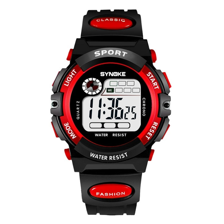Children's waterproof digital sport watch, black with red bezel and strap accents