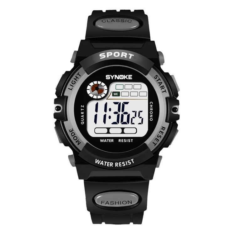 Children's waterproof digital sport watch, black with dark gray bezel and strap accents