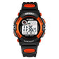 Children's waterproof digital sport watch, black with orange bezel and strap accents