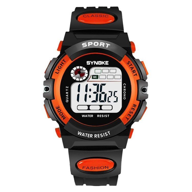 Children's waterproof digital sport watch, black with orange bezel and strap accents