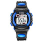 Children's digital sport watch, black with blue buttons and blue strap accents