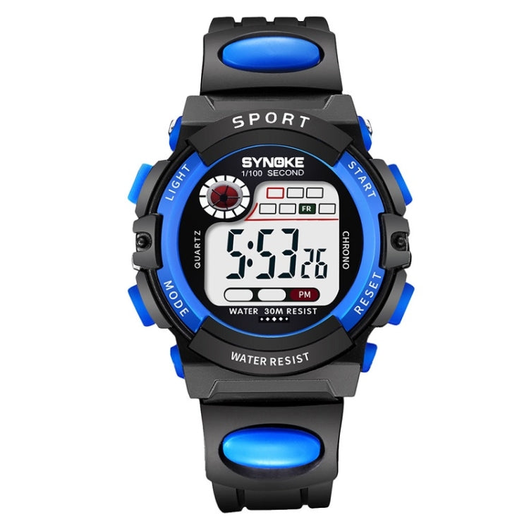 Children's digital sport watch, black with blue buttons and blue strap accents