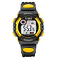 Children's digital sport watch, black with yellow buttons and yellow strap accents