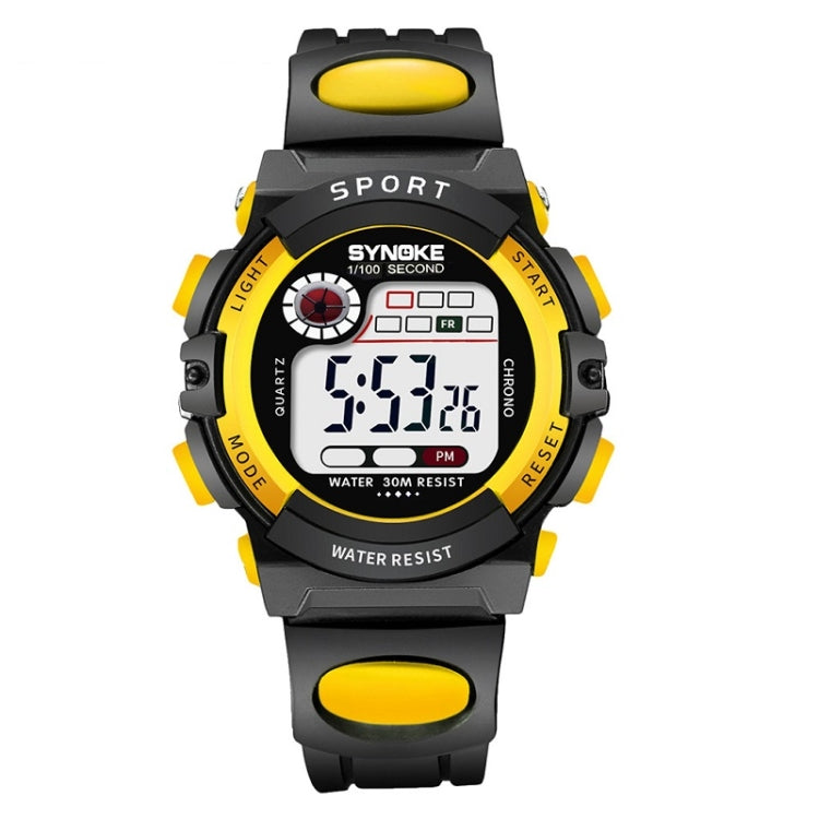 Children's digital sport watch, black with yellow buttons and yellow strap accents