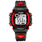 Children's digital sport watch, black with red buttons and red strap accents