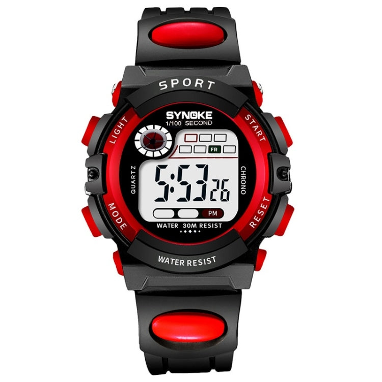 Children's digital sport watch, black with red buttons and red strap accents