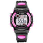 Children's digital sport watch, black with pink buttons and pink strap accents