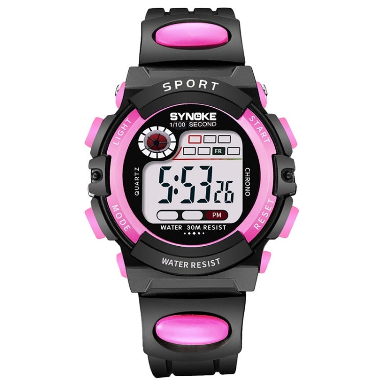 Children's digital sport watch, black with pink buttons and pink strap accents