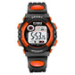 Children's digital sport watch, black with orange buttons and orange strap accents
