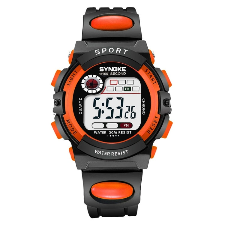 Children's digital sport watch, black with orange buttons and orange strap accents