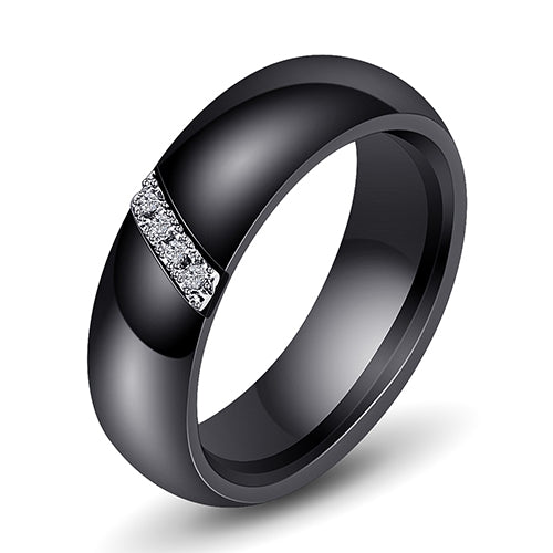Black ceramic zircon inlay ring, front three-quarter view