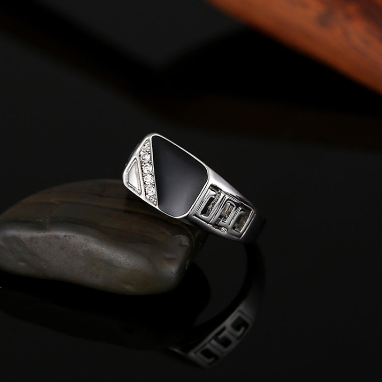 Silver-tone men's enamel ring with dark center and rhinestone accents, geometric design