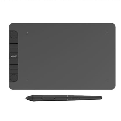 Digital drawing tablet with stylus, dark gray rectangular panel and side shortcut buttons