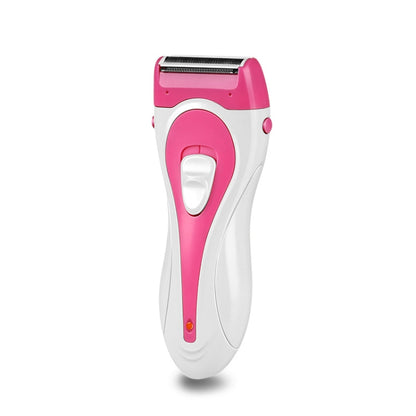 Rechargeable female epilator in pink and white with flat shaving head cover