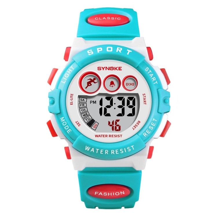 Children digital sport watch with teal bezel, white strap, red accents, large LCD display