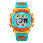 Children digital sport watch with orange bezel, teal strap, red accents, large LCD display