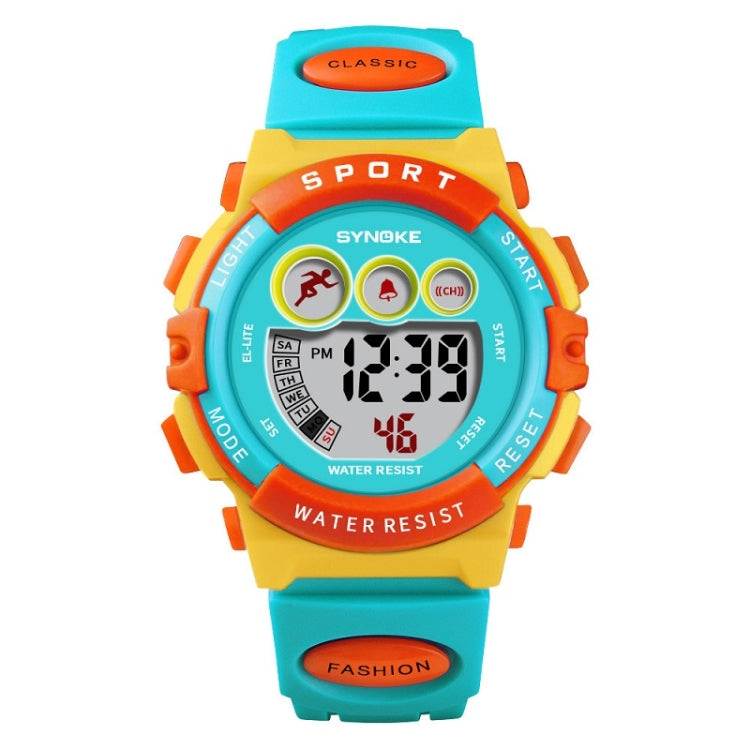 Children digital sport watch with orange bezel, teal strap, red accents, large LCD display