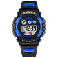 Children digital sport watch with black case, blue strap, red subdials, large LCD display