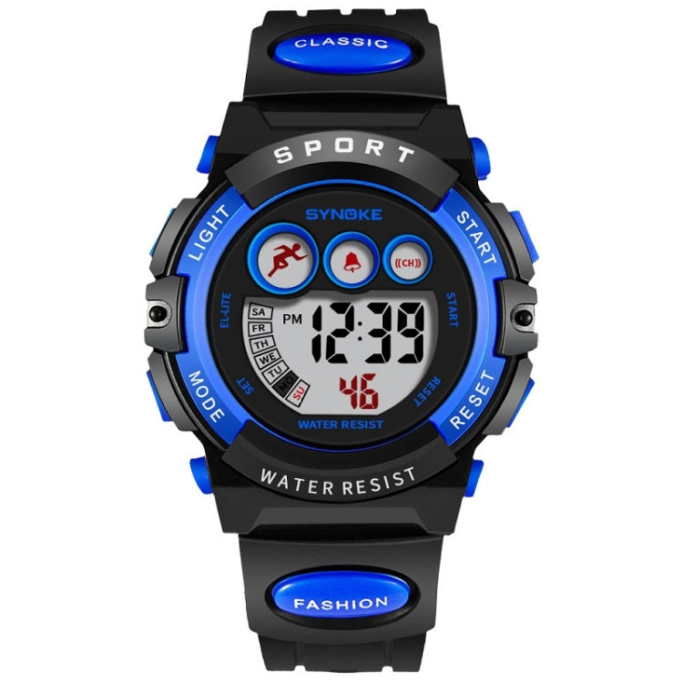 Children digital sport watch with black case, blue strap, red subdials, large LCD display