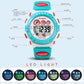 Children digital sport watch with teal bezel, white face, orange-red accents, LCD display