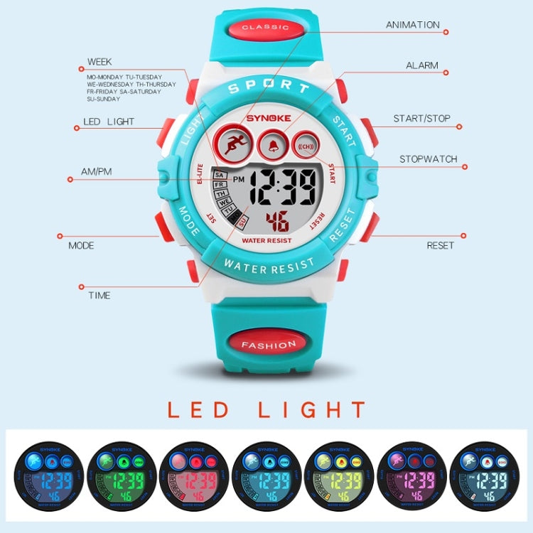 Children digital sport watch with teal bezel, white face, orange-red accents, LCD display