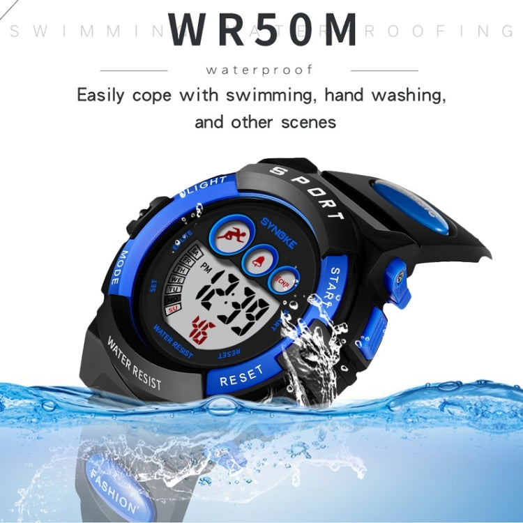 Children digital sport waterproof watch, black case with blue trim and LCD time display