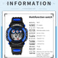 Children multifunction digital sport watch with black case, blue accents, LCD time display