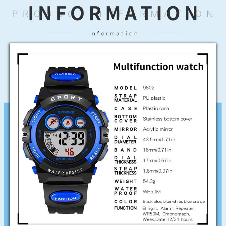 Children multifunction digital sport watch with black case, blue accents, LCD time display
