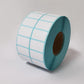 Thermal barcode label roll close-up with teal grid labels and white face stock