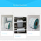 Thermal barcode label roll with teal grid, shown near a label printing press