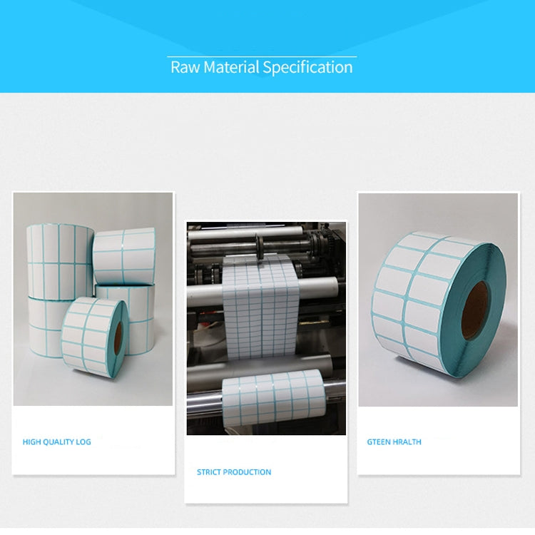 Thermal barcode label roll with teal grid, shown near a label printing press