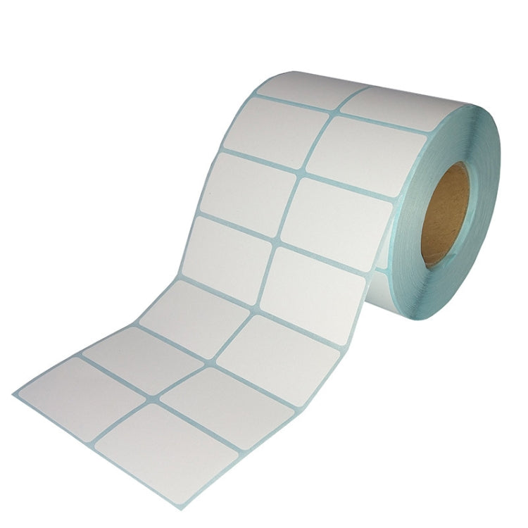 Thermal barcode sticker roll with blue grid, white label sheets on dispenser roll
