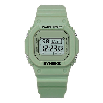Green digital sports watch with plastic strap and rectangular LCD display