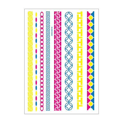 Fluorescent arm tattoo sticker sheet with neon geometric chain and border patterns