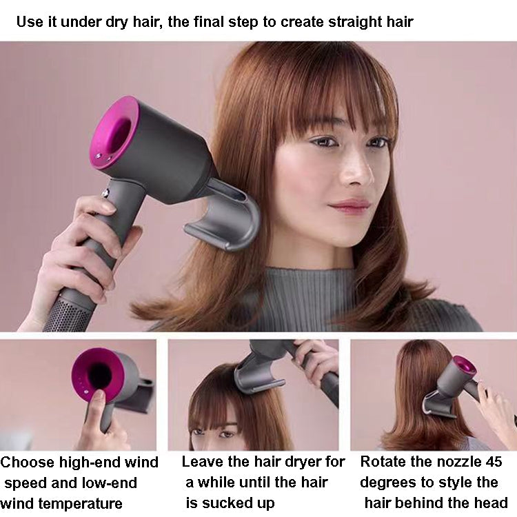 Gray anti-lifting nozzle on hair dryer in use, styling long straight hair.