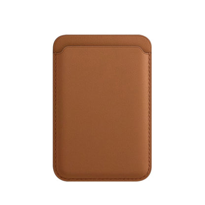 Saddle brown leather magnetic card case with stitched edges and slim square shape.