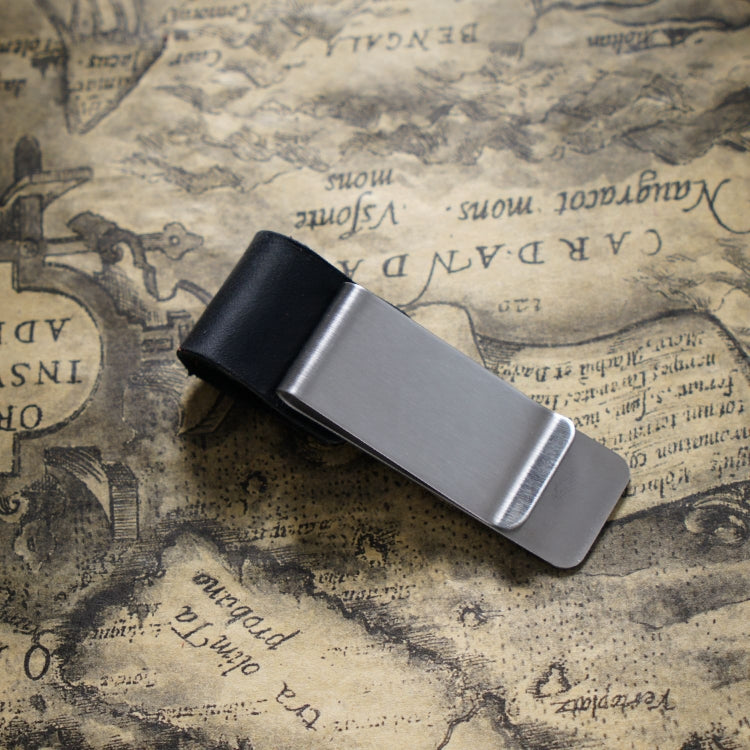 Stainless steel metal pen holder with black leather sleeve clip