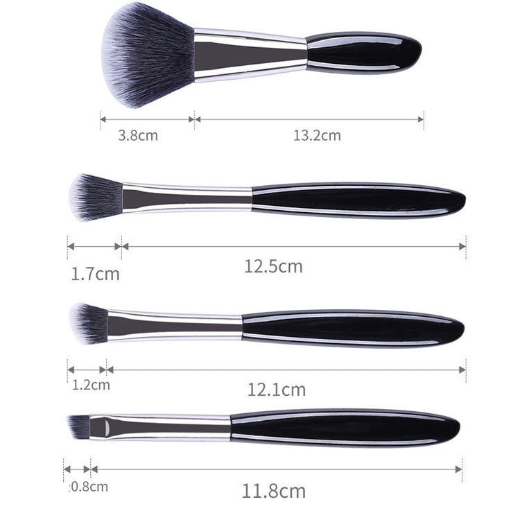 Four makeup brushes with soft heads and visible length measurements