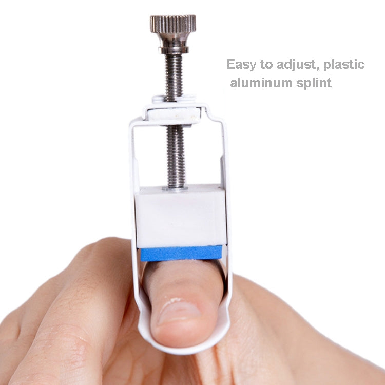 Finger straightening splint with white plastic splint, blue pad, and adjustable metal bolt