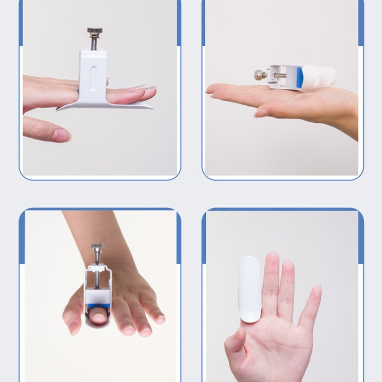 Finger splint brace shown in multiple use positions, with white frame and blue padding