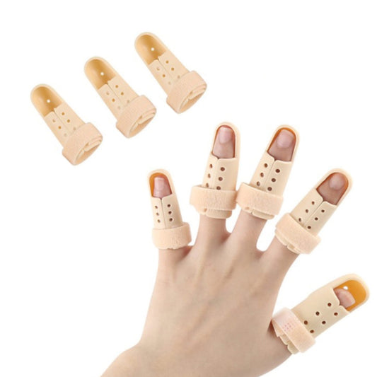 Set of adjustable finger braces in beige with perforated splint backs and straps