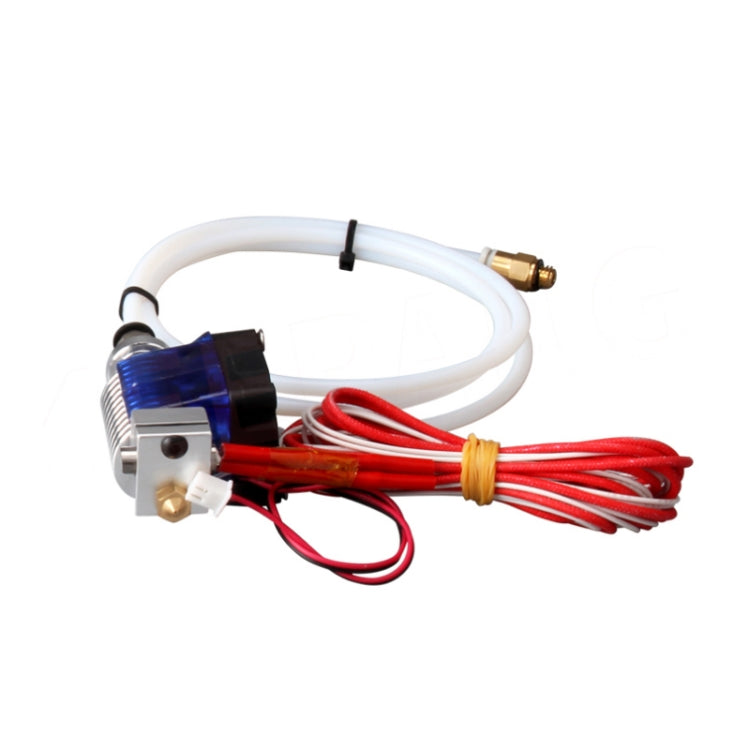 3D printer hotend extrusion head kit with blue fan module, PTFE tube, and red wire bundle